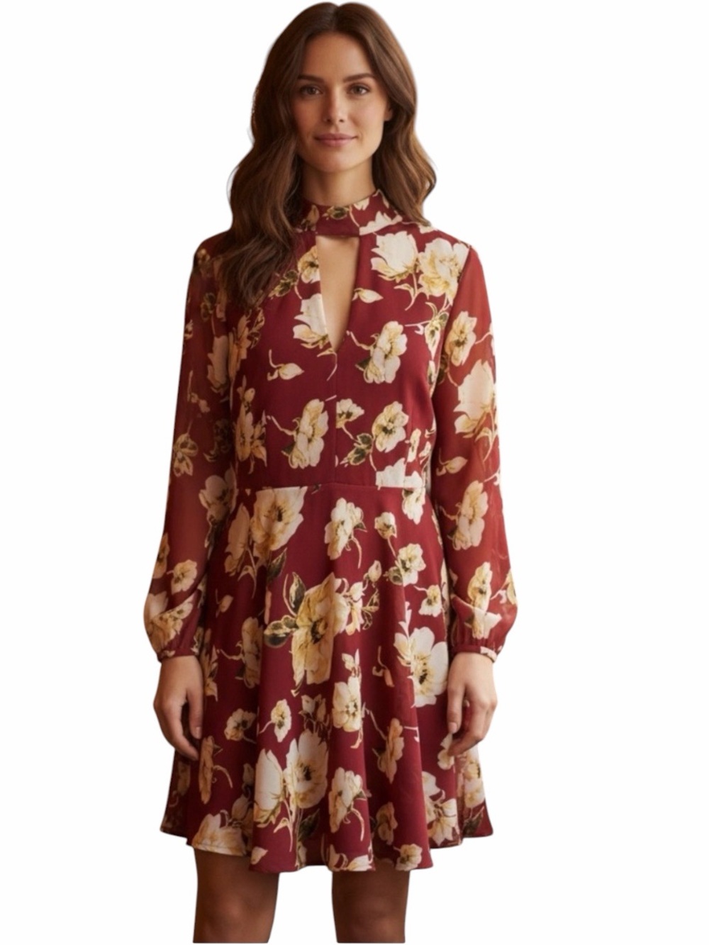 LUCCA Floral Keyhole Long-Sleeve Dress Burgundy & Yellow Tones